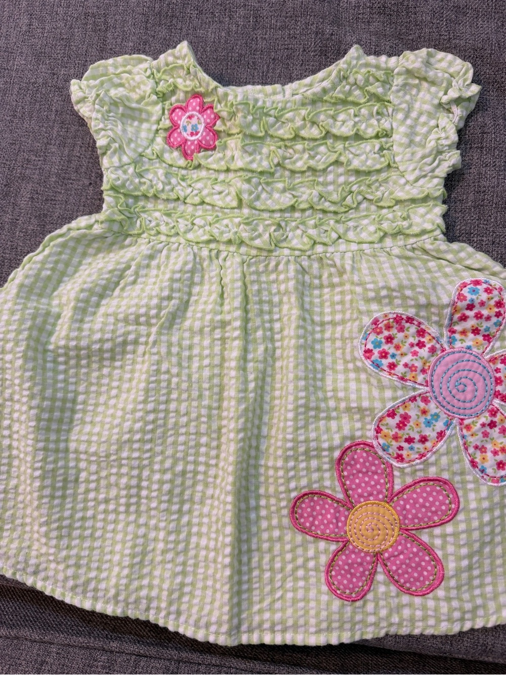 Youngland seersucker Light Green Gingham Dress Pink Floral Appliqués size 12m